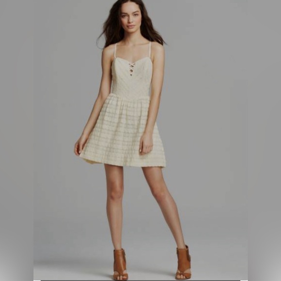 Guess Dresses & Skirts - Guess Ivory White Lace Linear Dot Dress Smocked Back Mini V Neck Cotton 2 NWT
